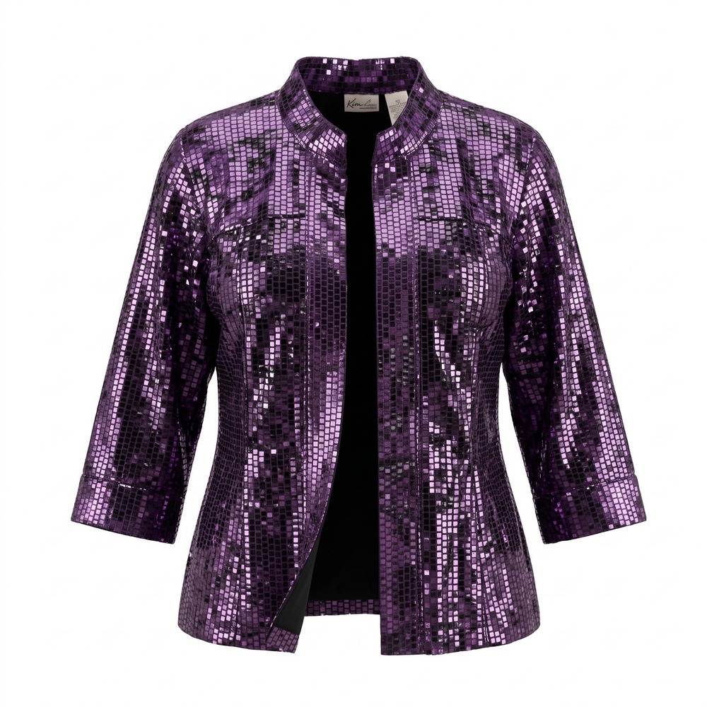 Kim Rogers Open Front Jacket 3X Purple Metallic Foil Grid Glam Party Holiday